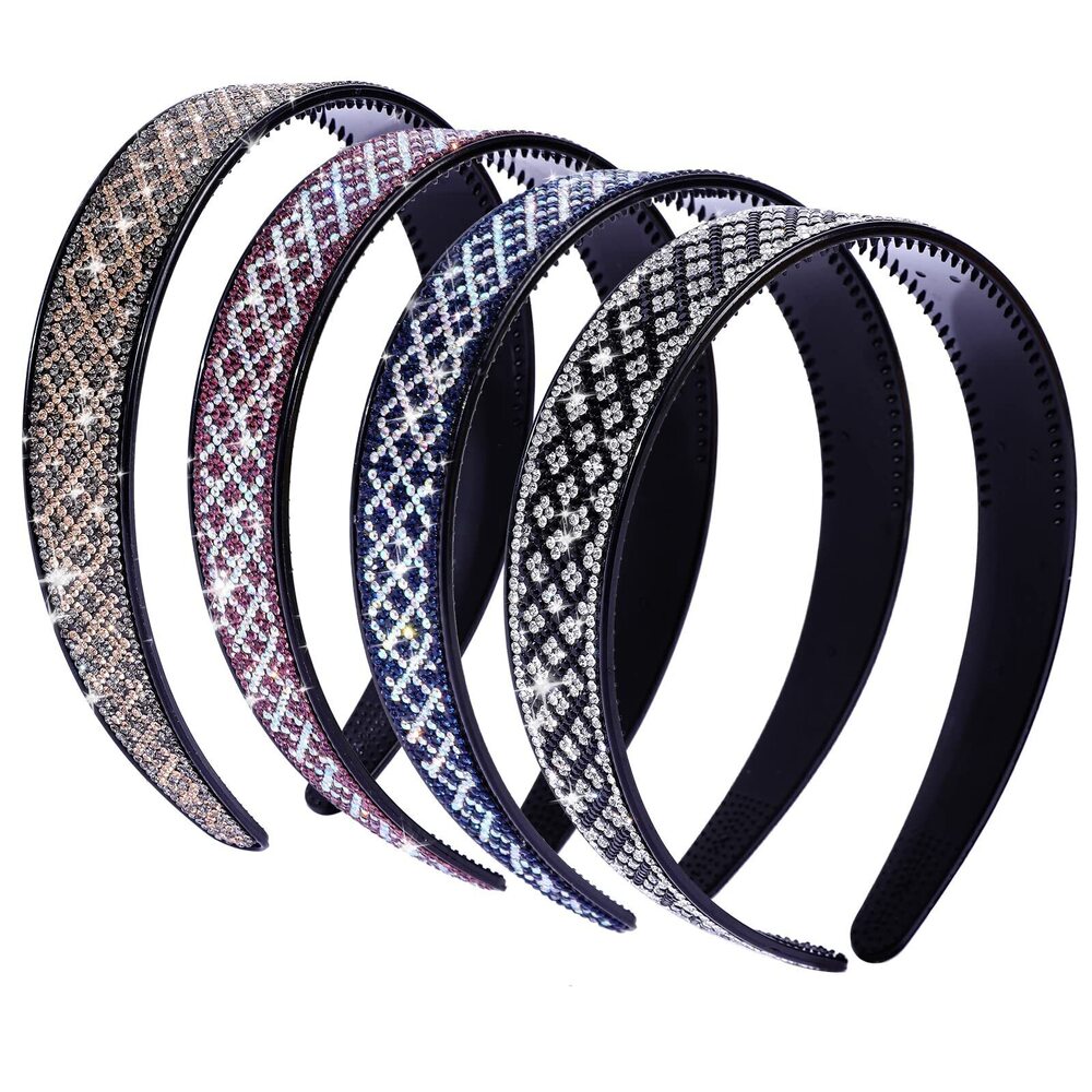 3890 Sparkly Rhinestone Headbands Girls,4PCS Check Crystal Headband Non